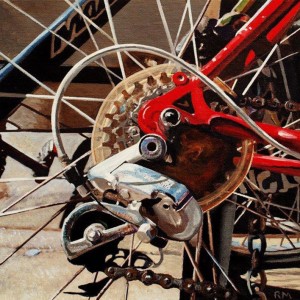 Robert Mielenhausen, Bike Fragment 1, 2014. 10 x 10 inches. Acrylic on Canvas.