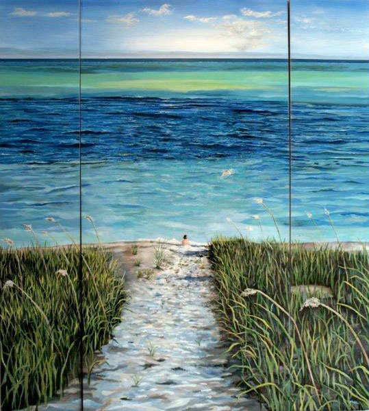Robert Mielenhausen, Beach, 2014. 60 x 72 inches. Acrylic , Triptych (Private Collection) Turks and Caicos