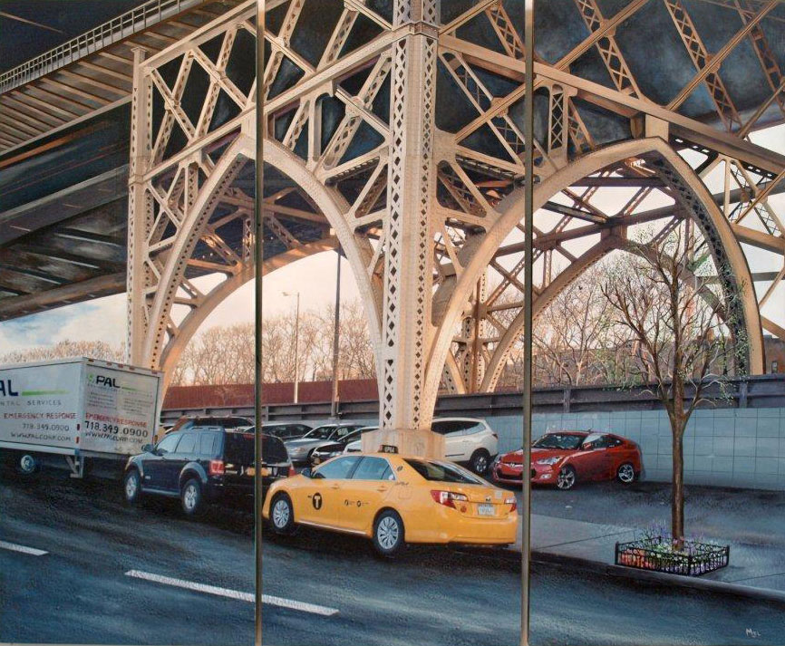 Robert Mielenhausen, The Bridge, 2014. 60 x76 inches. Mixed-media, Triptych. Private Commission, Trump Tower, United Nations Plaza, NY.NY.