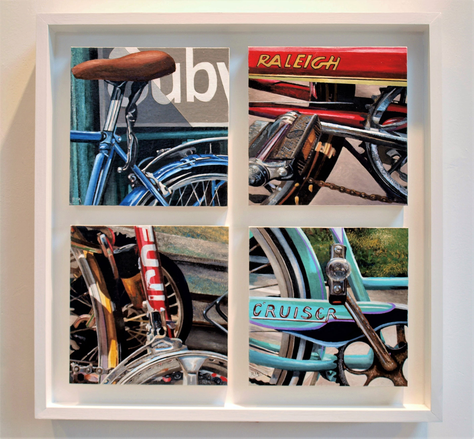 Robert Mielenhausen, Bike Fragments, Series III. 25.5 x 25.5 x 3.5 inches. Acrylic on canvas on board